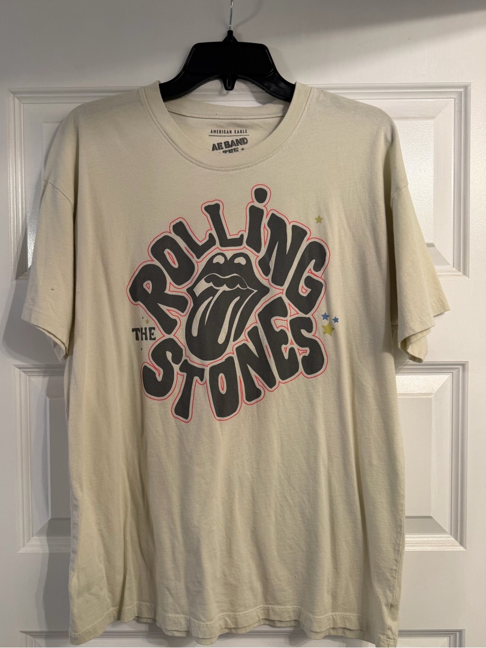 American Eagle Rolling Stones Graphic Tee - Cream with Black & Pink Logo